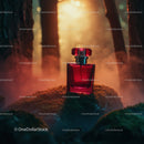 Luxury Red Perfume Bottle in Mystical Forest Scene