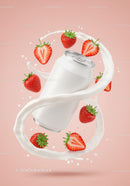Blank White Can Surrounded by Splashing Milk and Strawberries