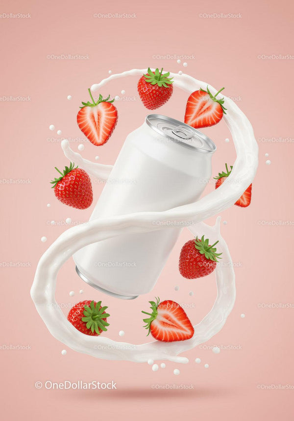 Blank White Can Surrounded by Splashing Milk and Strawberries JPG Mockup Image