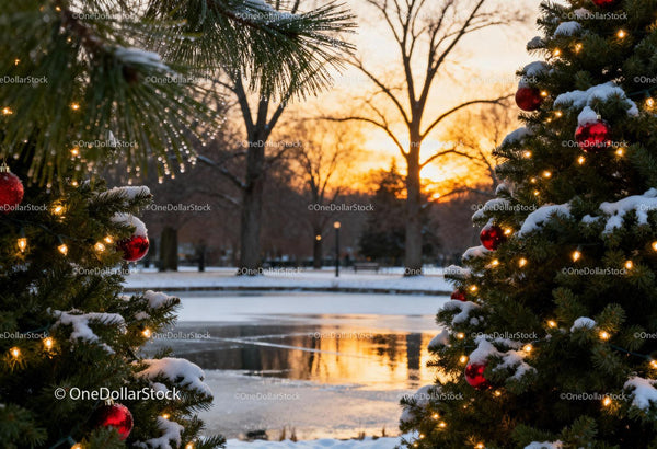 Snow-Covered Christmas Trees by Frozen Pond at Sunset