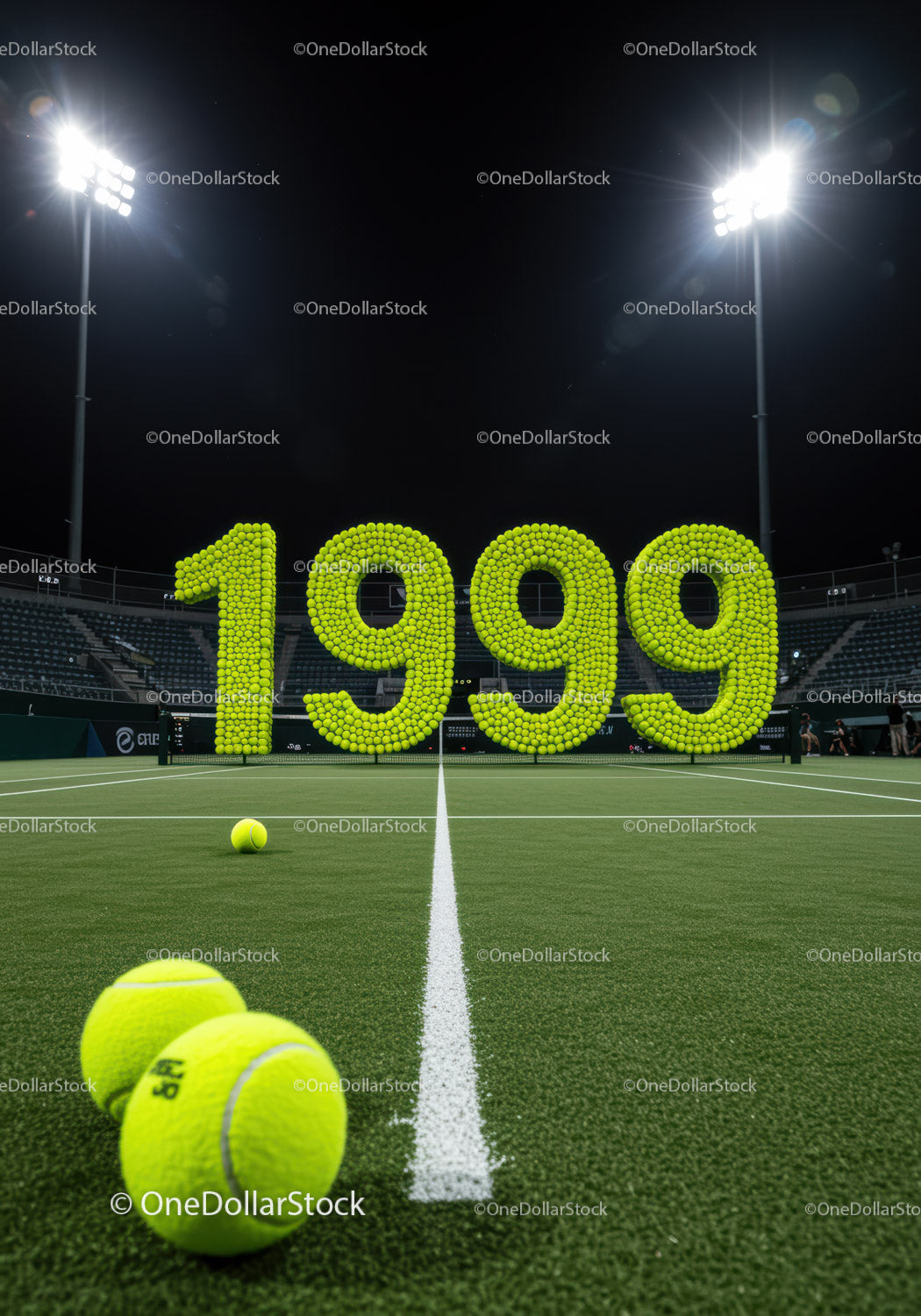 Piłki tenisowe z 1999 roku na korcie stadionu nocą