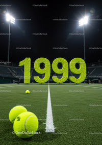 Tennis balls forming 1999 on stadium court at night