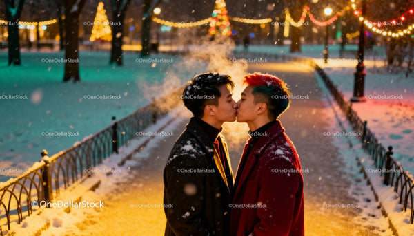 Winter evening kiss between young LGBTQ couple