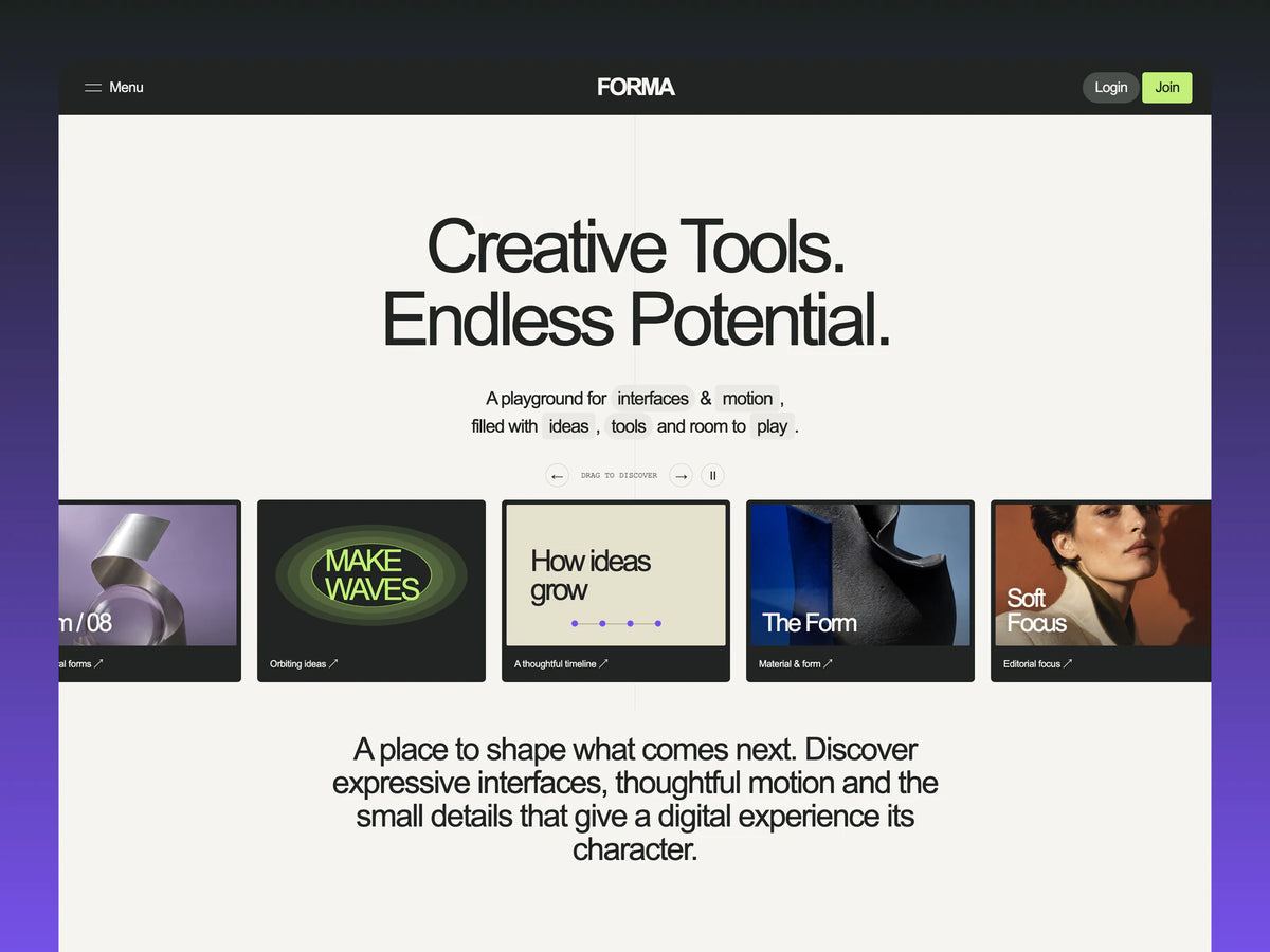 Forma website template with a full-width navigation, Creative Tools. Endless Potential. heading and a straight row of editorial resource cards in a purple gradient frame