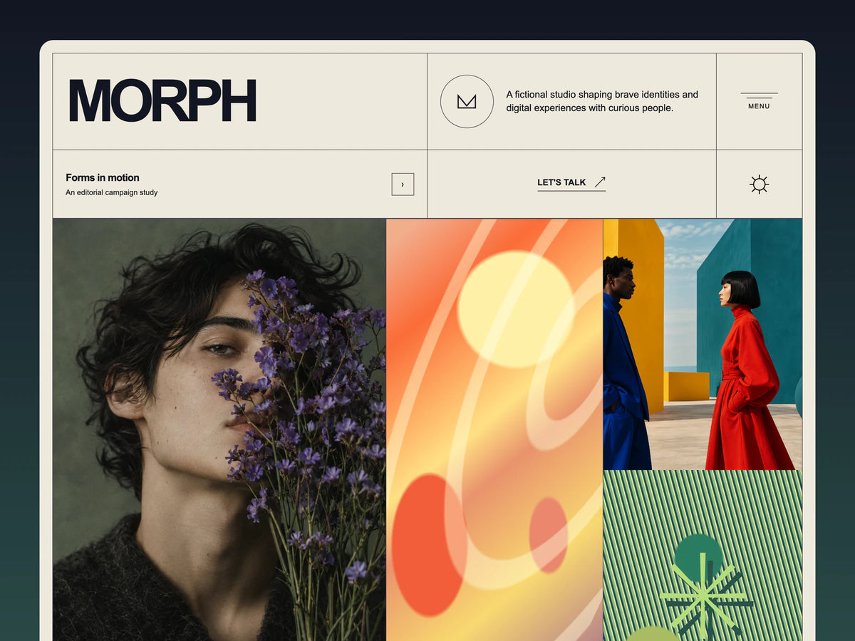 MORPH creative studio hero with portrait, abstract color art, and campaign imagery