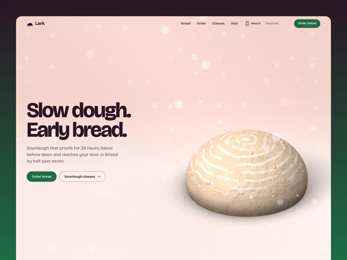 Lark bakery template hero on rosy pink: a round loaf of dough marked with flour rings from a proofing basket on a floured counter, the headline Slow dough. Early bread. and a green Order bread button