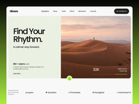 Nivora homepage preview showing a split desert hero, black Find Your Rhythm headline and lime green accents