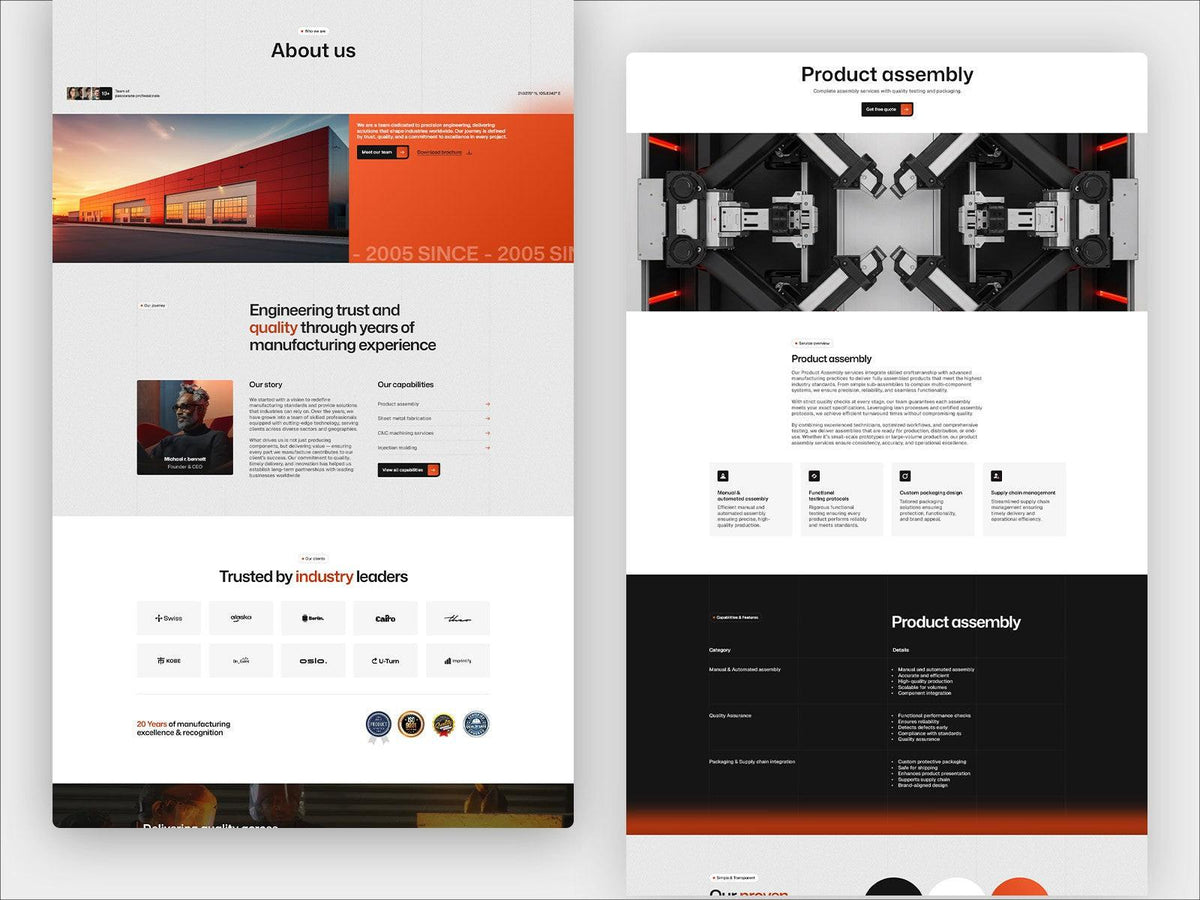 Manufact Framer template website sections preview