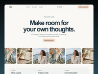 Mira reflection website hero with a centered headline, peach button, editorial image ribbon, and three gentle practice cards.