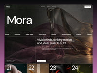 Mora creative studio preview with left-set wordmark, editorial glass photography, and a right-column introduction