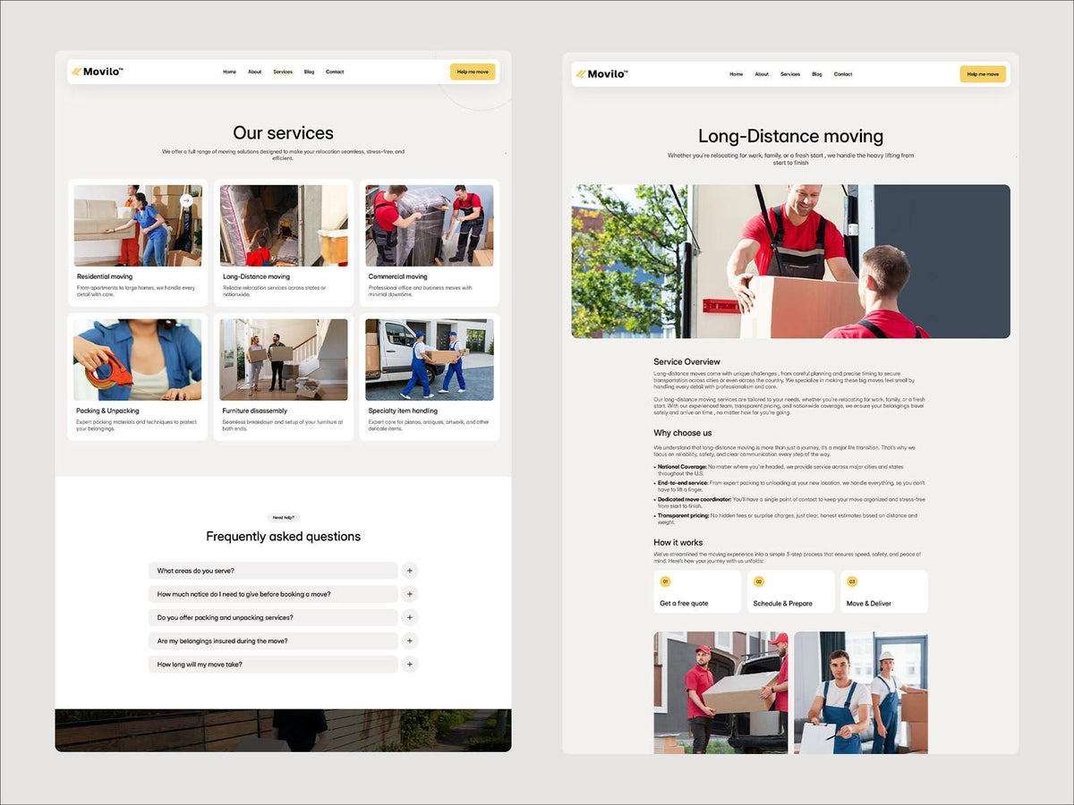 Movilo Framer template website sections preview