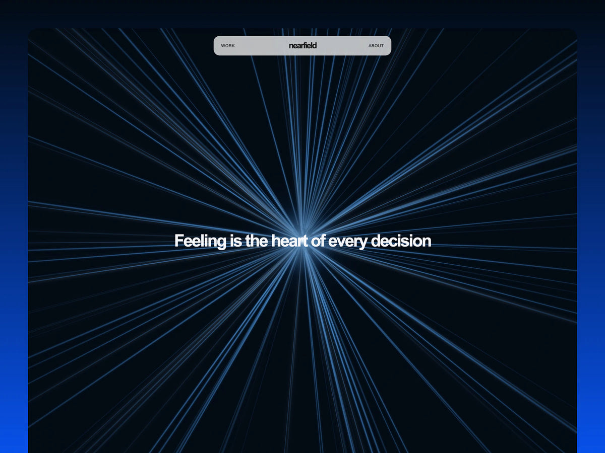 Nearfield website template hero with luminous blue radial streaks behind a centered studio headline.