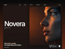 Novera website hero preview with a white wordmark beside a framed editorial portrait