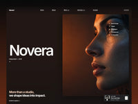 Novera website hero preview with a white wordmark beside a framed editorial portrait