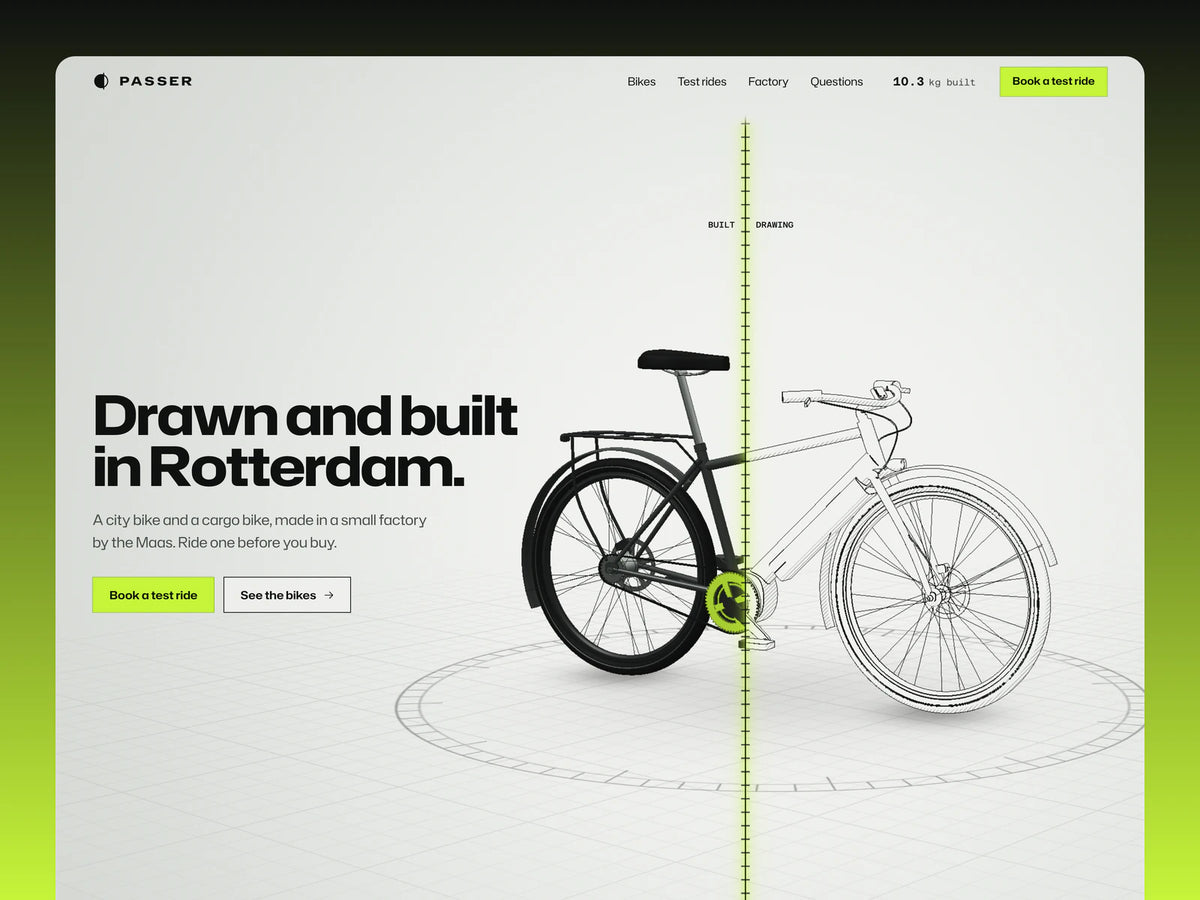 Passer e-bike template hero on light grey drafting paper: a city bike split by a yellow-green scan line into a built half and a line-drawing half, the headline Drawn and built in Rotterdam and a yellow-green Book a test ride button
