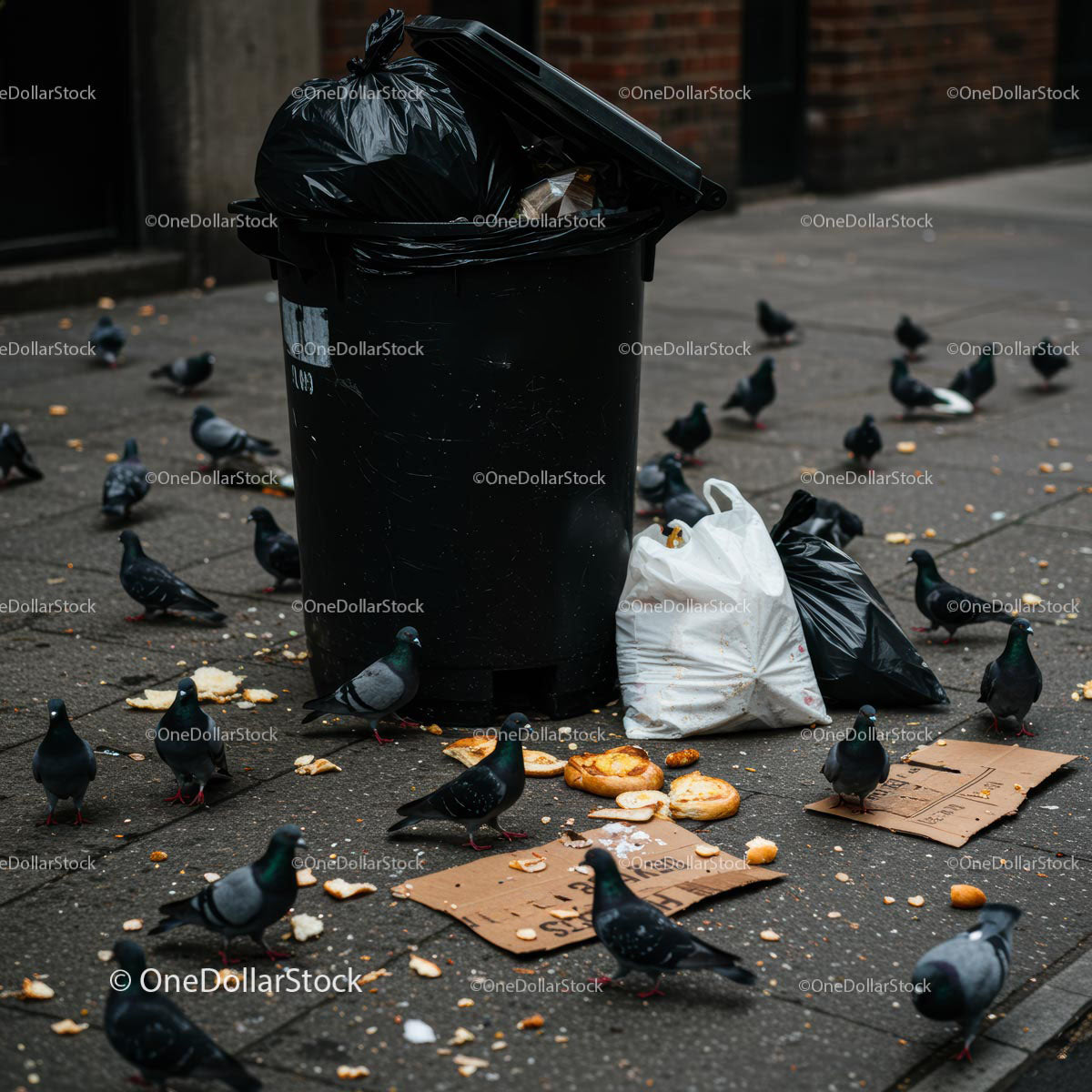 Pigeons Gathering Around Street Garbage Bin