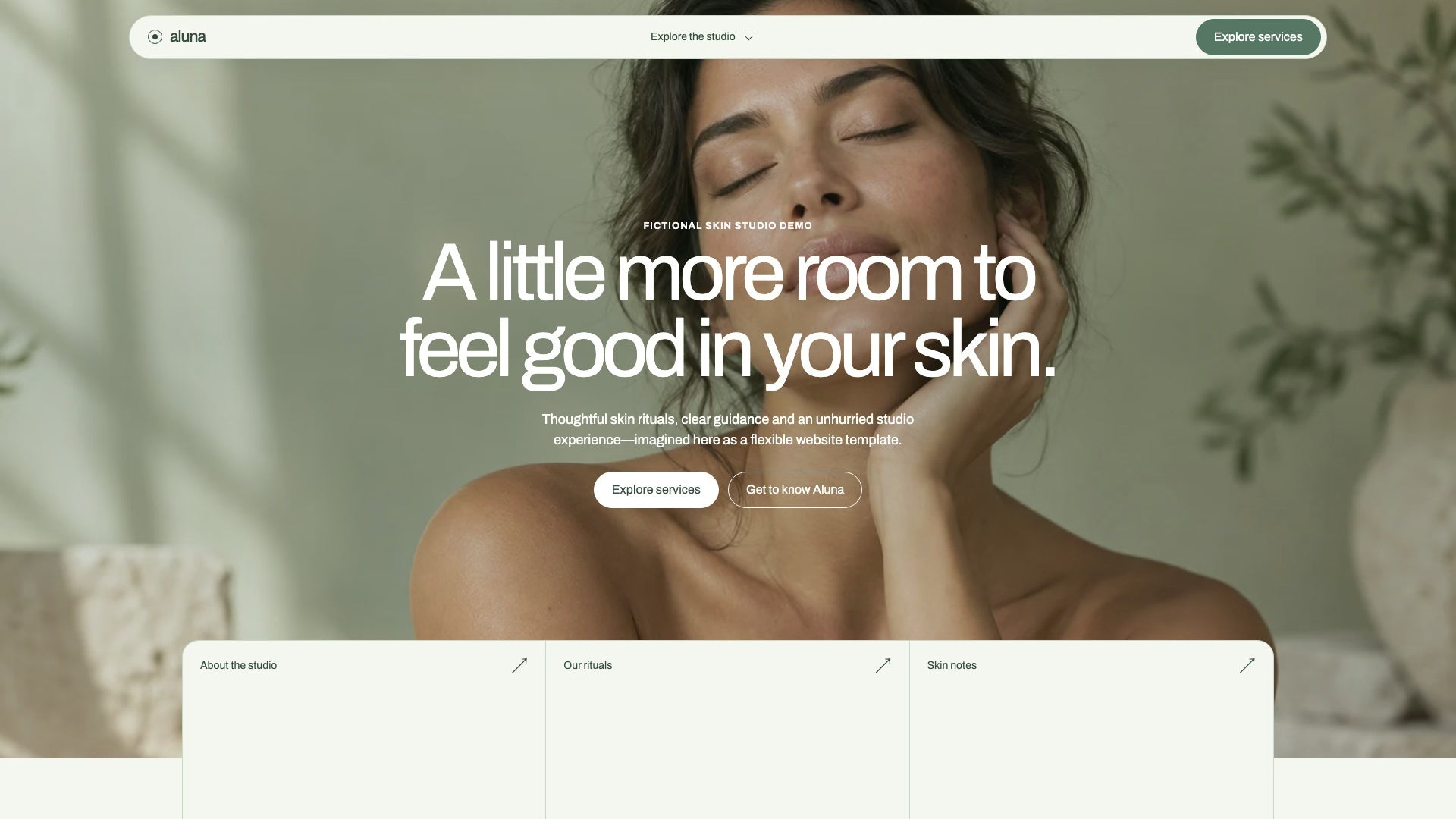 Scroll preview of the Aluna one-page skin studio website template