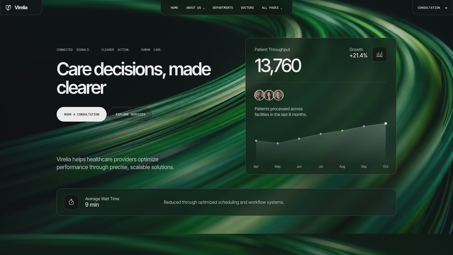 Scroll preview of the Virelia healthcare landing page