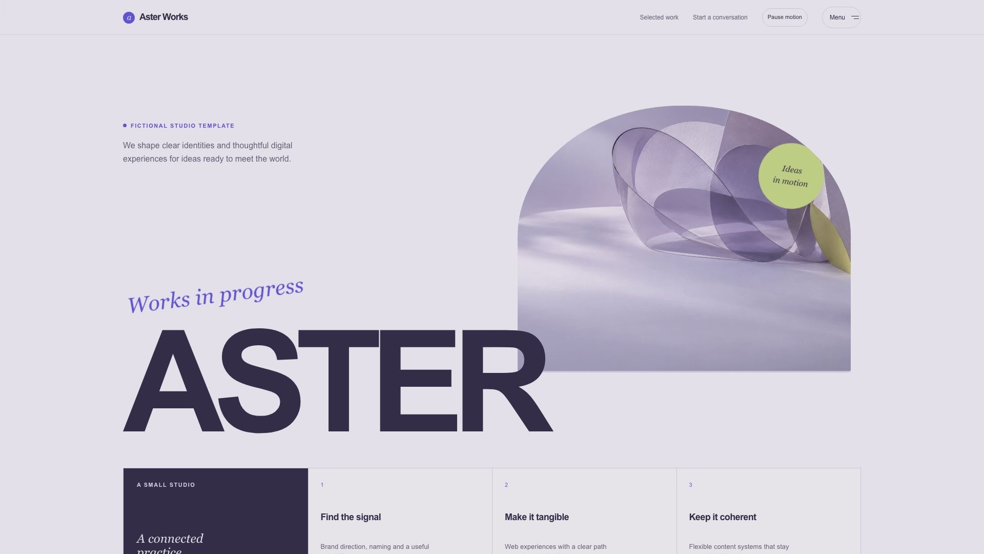 A 42-second Aster Works website scroll preview from the hero through project studies, FAQ and contact form.