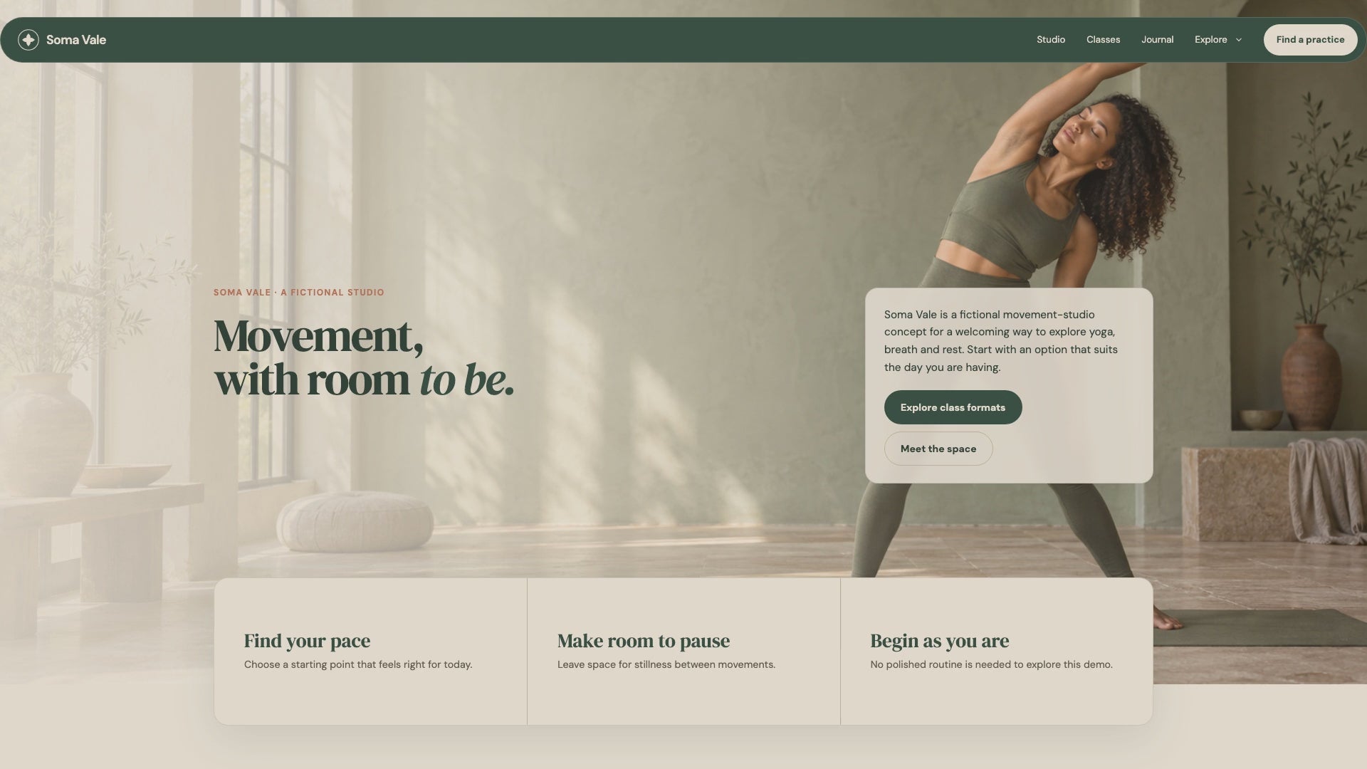Scrolling preview of the responsive Soma Vale website, showing studio sections, image rails, membership tabs, the FAQ, and footer.