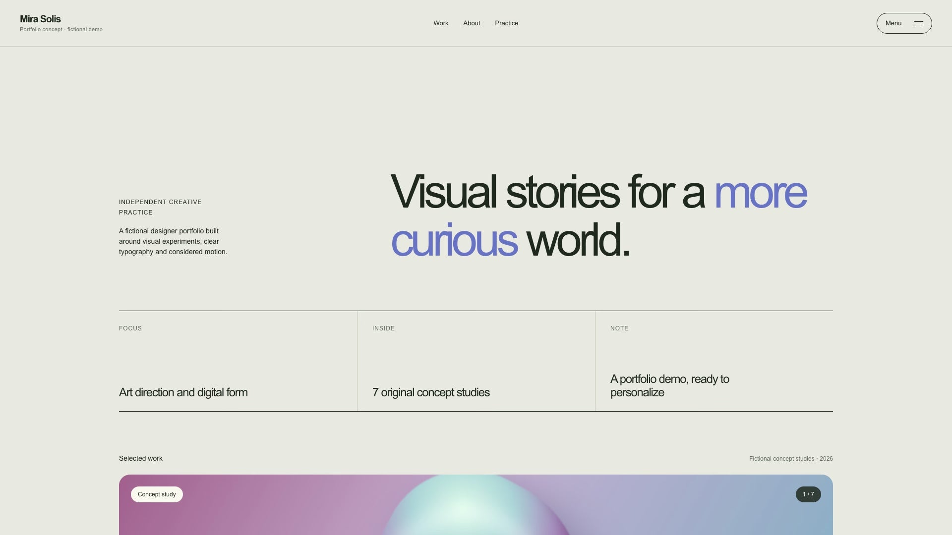 Scroll preview of the Mira Solis one-page portfolio concept