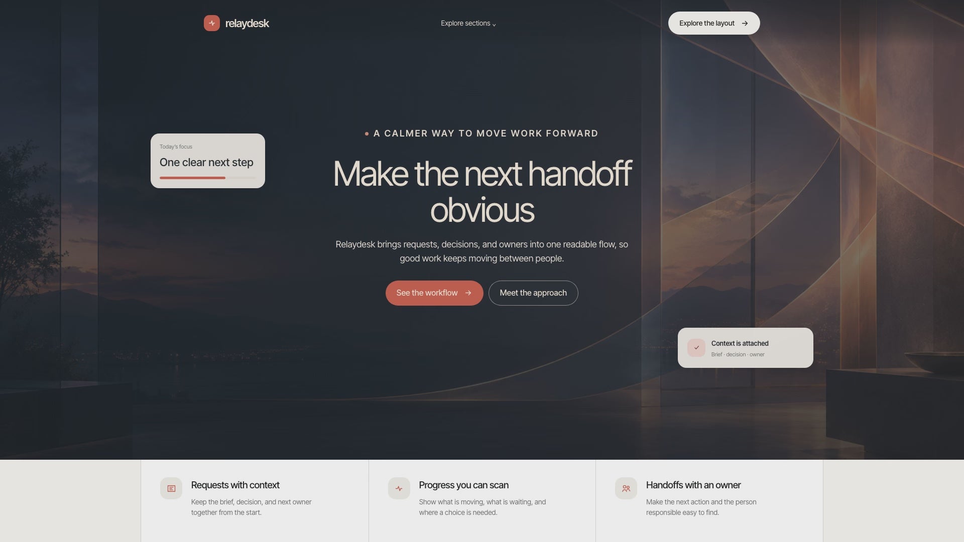 42-second scroll preview covering the hero, feature strip, workflow, layout examples, fictional testimonials, FAQ and closing call to action.