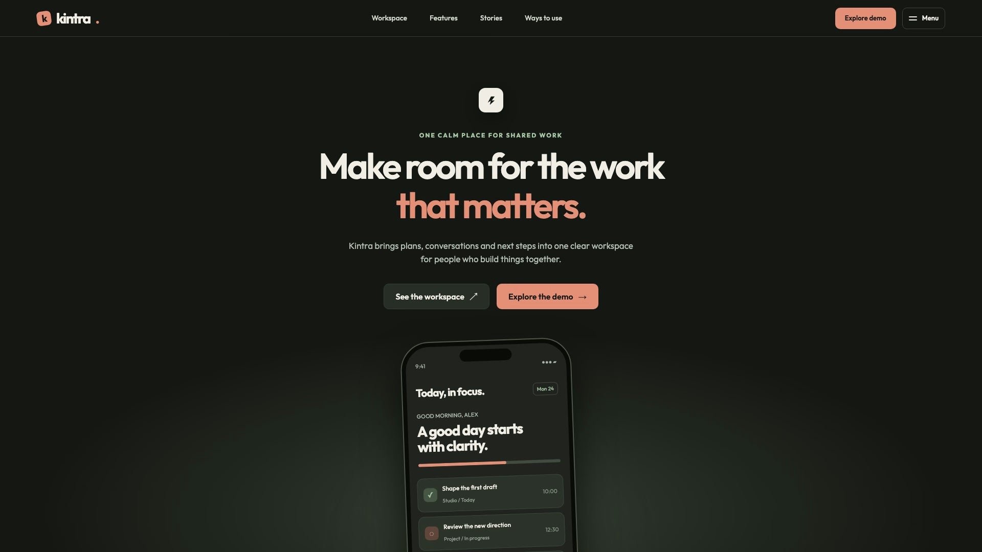 Scrolling preview of the Kintra one-page collaborative workspace website template