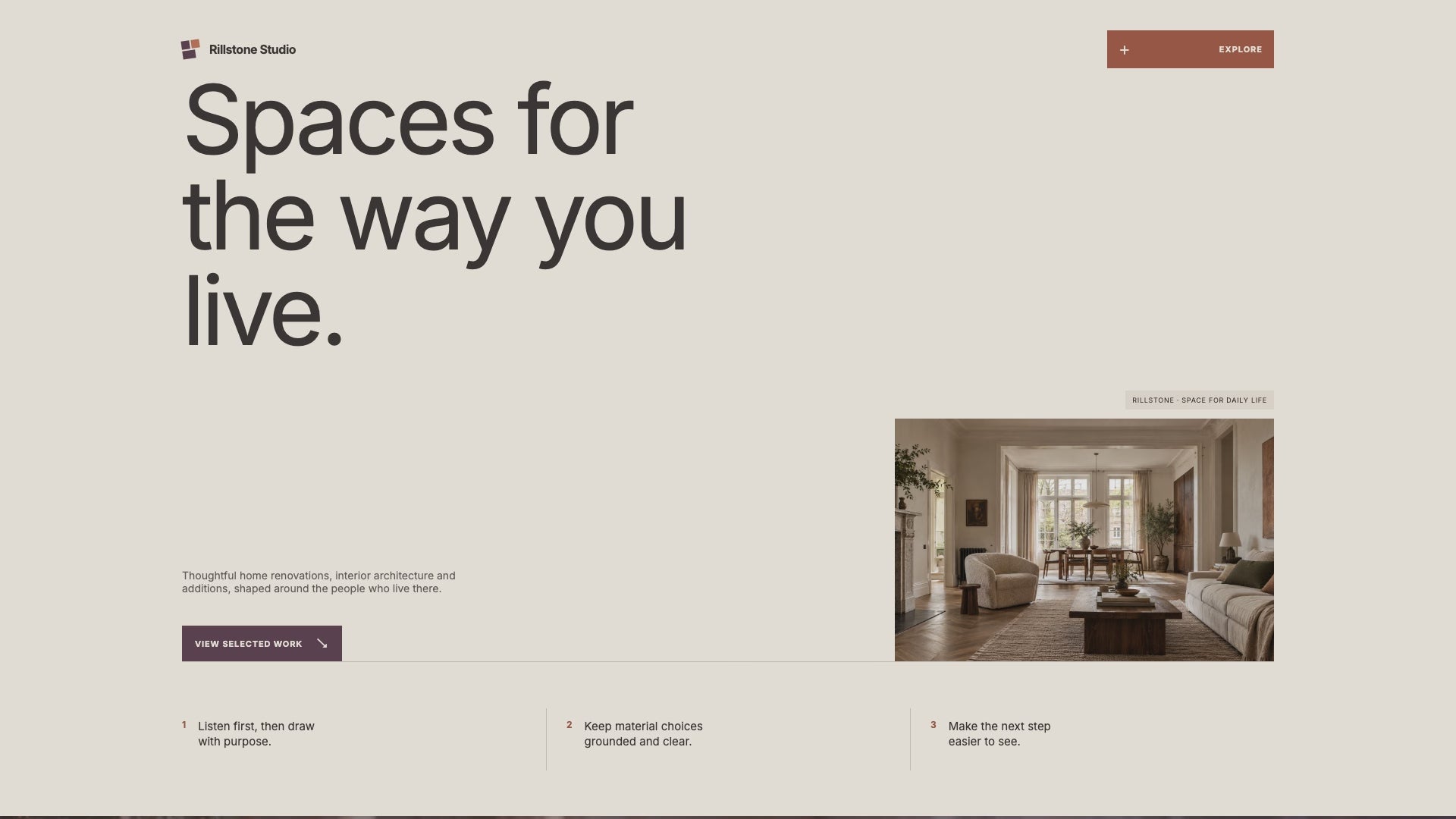 Scrolling preview of the Rillstone Studio landing page, showing project, service, team, FAQ and contact sections.