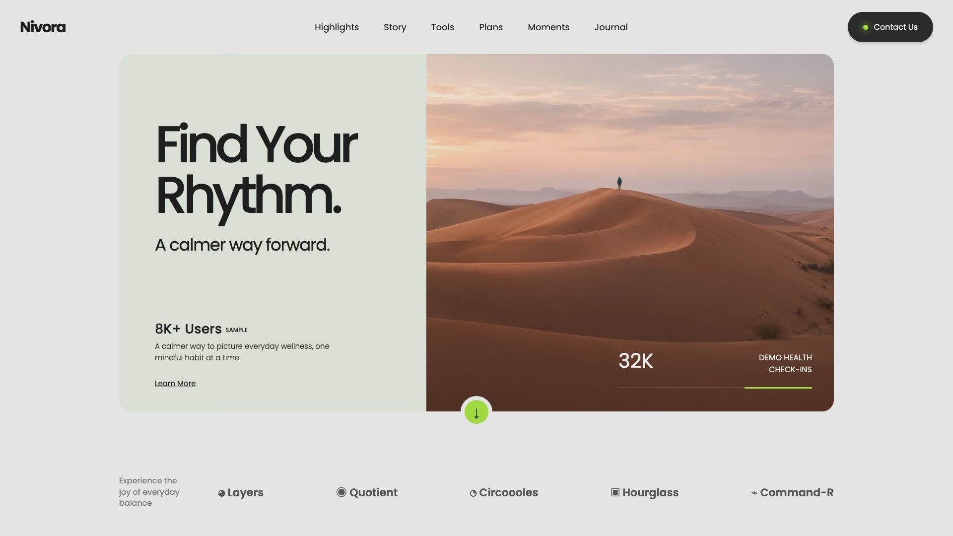 Scroll preview of the Nivora wellness landing page from split desert hero through feature rail, projects, pricing and footer