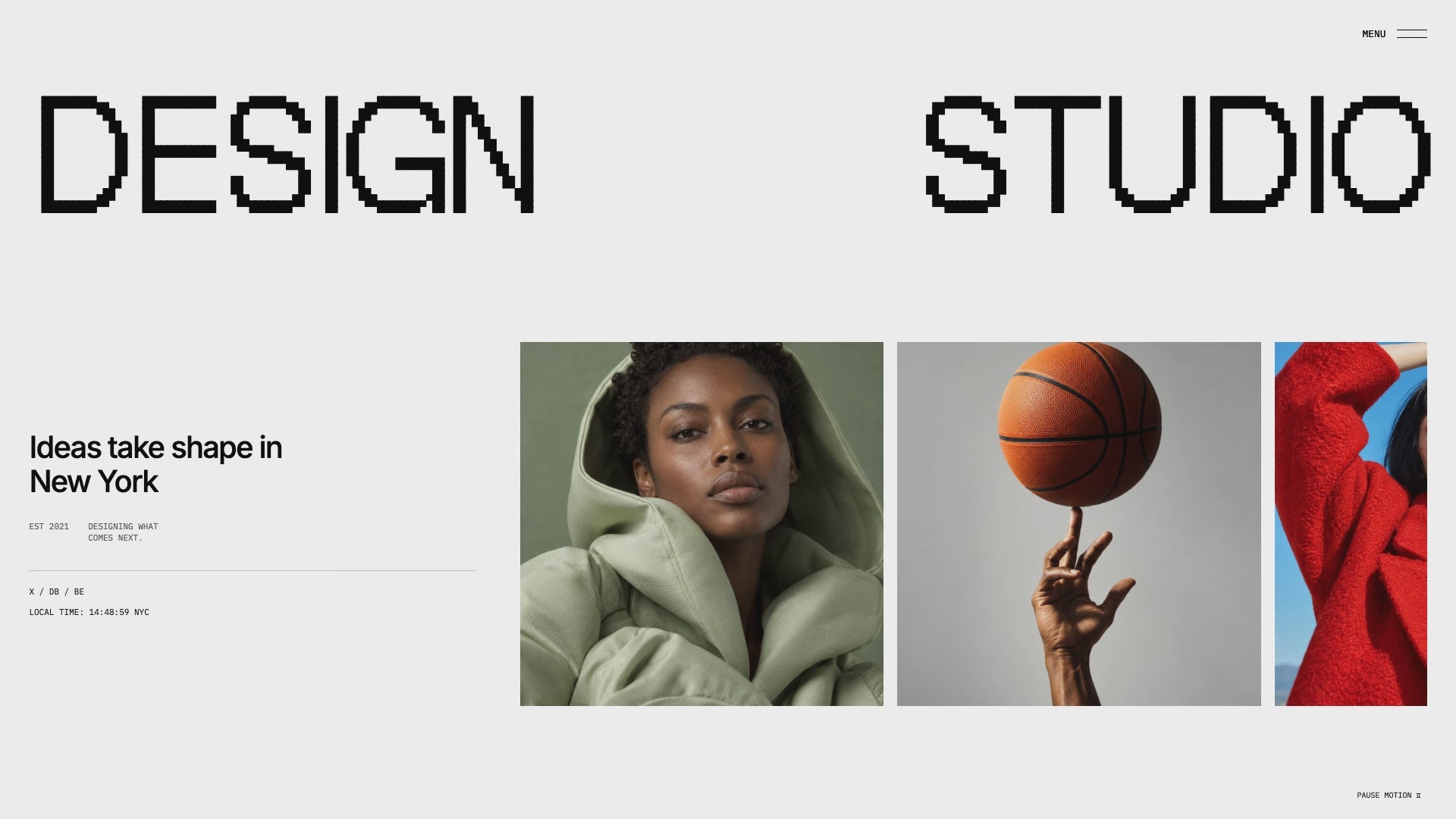 Scroll preview of the DESIGN studio template, including the split hero, single-row project gallery, services, process, FAQs, studio notes, and contact.