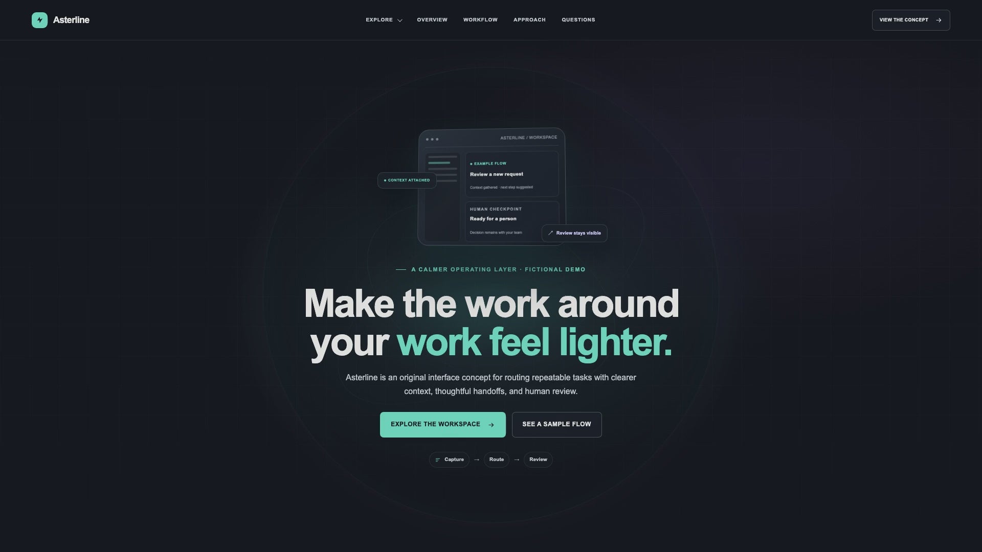 Scroll preview of the Asterline AI workflow landing page