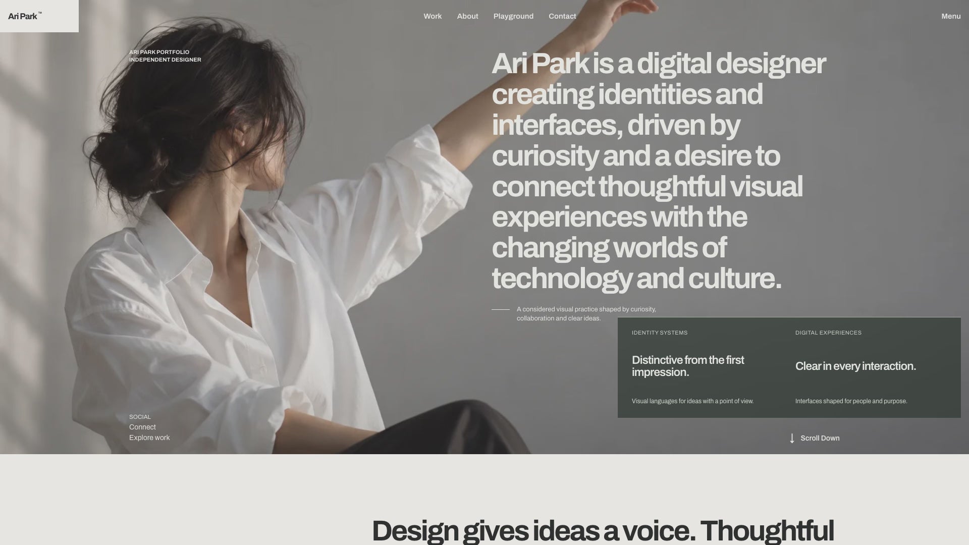 Editorial Portfolio website scroll preview showing the portrait hero, About section, nine projects and contact footer.