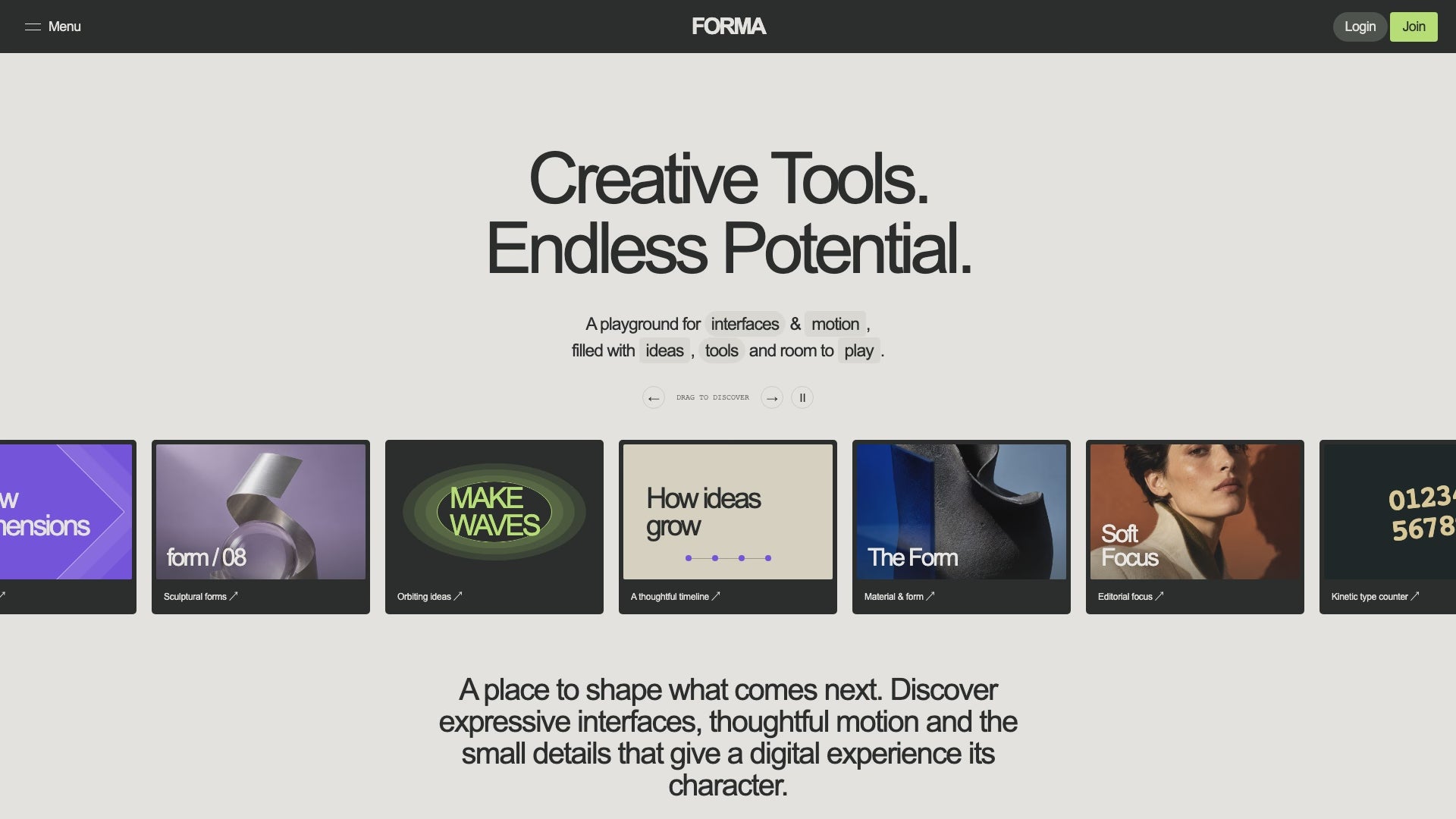 Scroll preview of the Forma landing page showing the moving card gallery, studio photography, toolkit carousel, example pricing and project showcase
