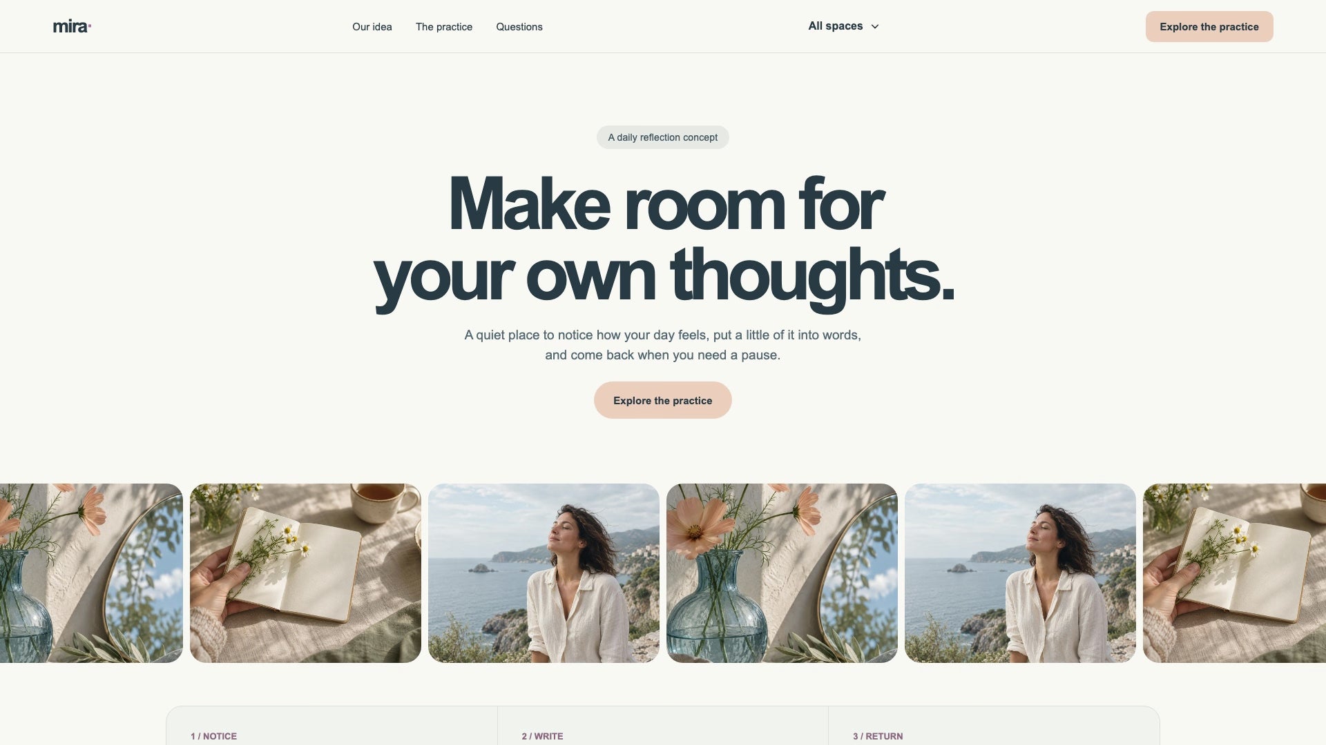 Scroll preview of the Mira reflection website, including its rotating moment orbit, imagery, practice cards, FAQ, and footer.