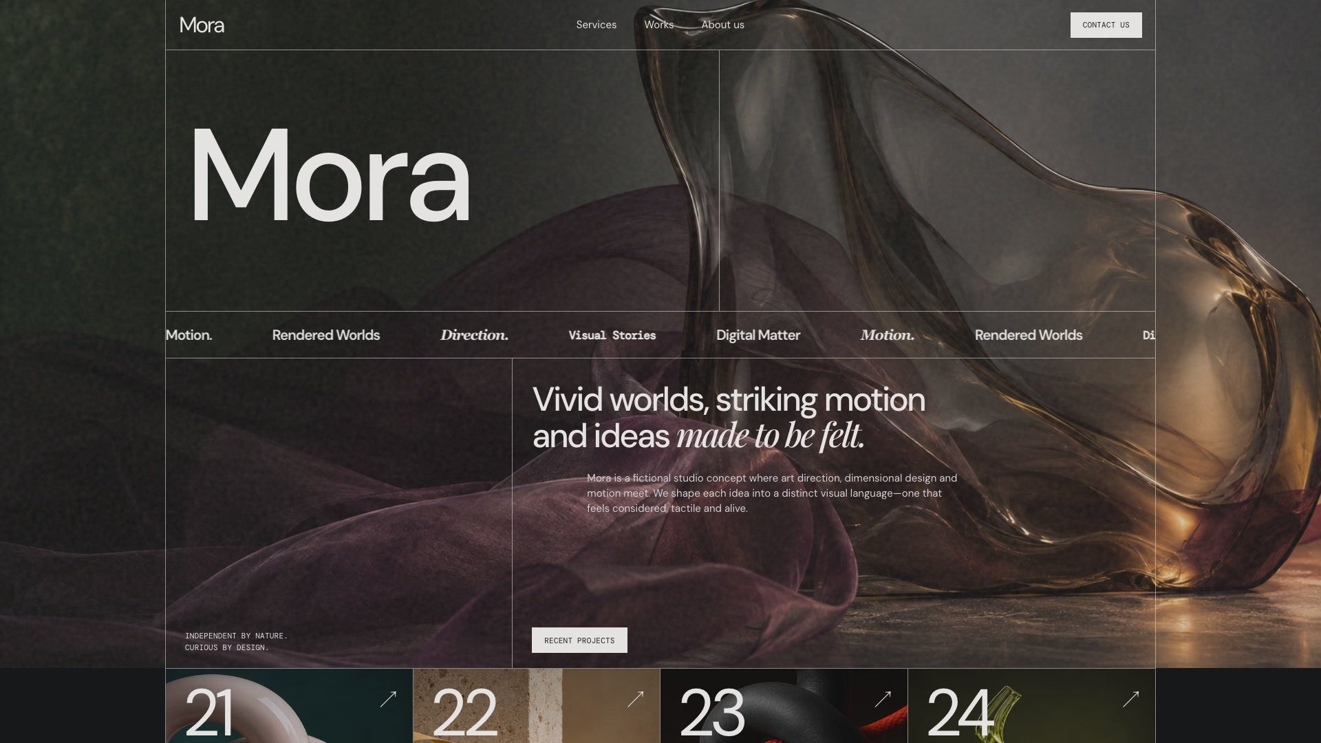 Scroll preview of the updated Mora one-page creative studio, from its left-set hero and editorial introduction through services and selected studies to the footer