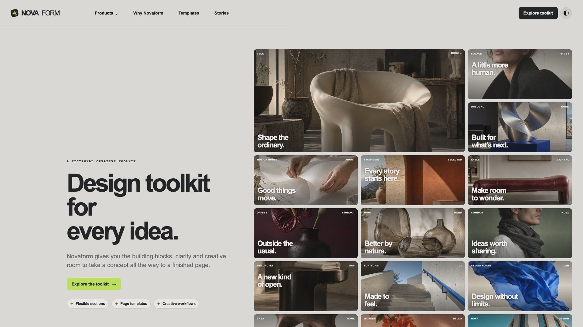 Scroll preview of Novaform from the split photographic hero through product showcases and aligned sample testimonials to the footer