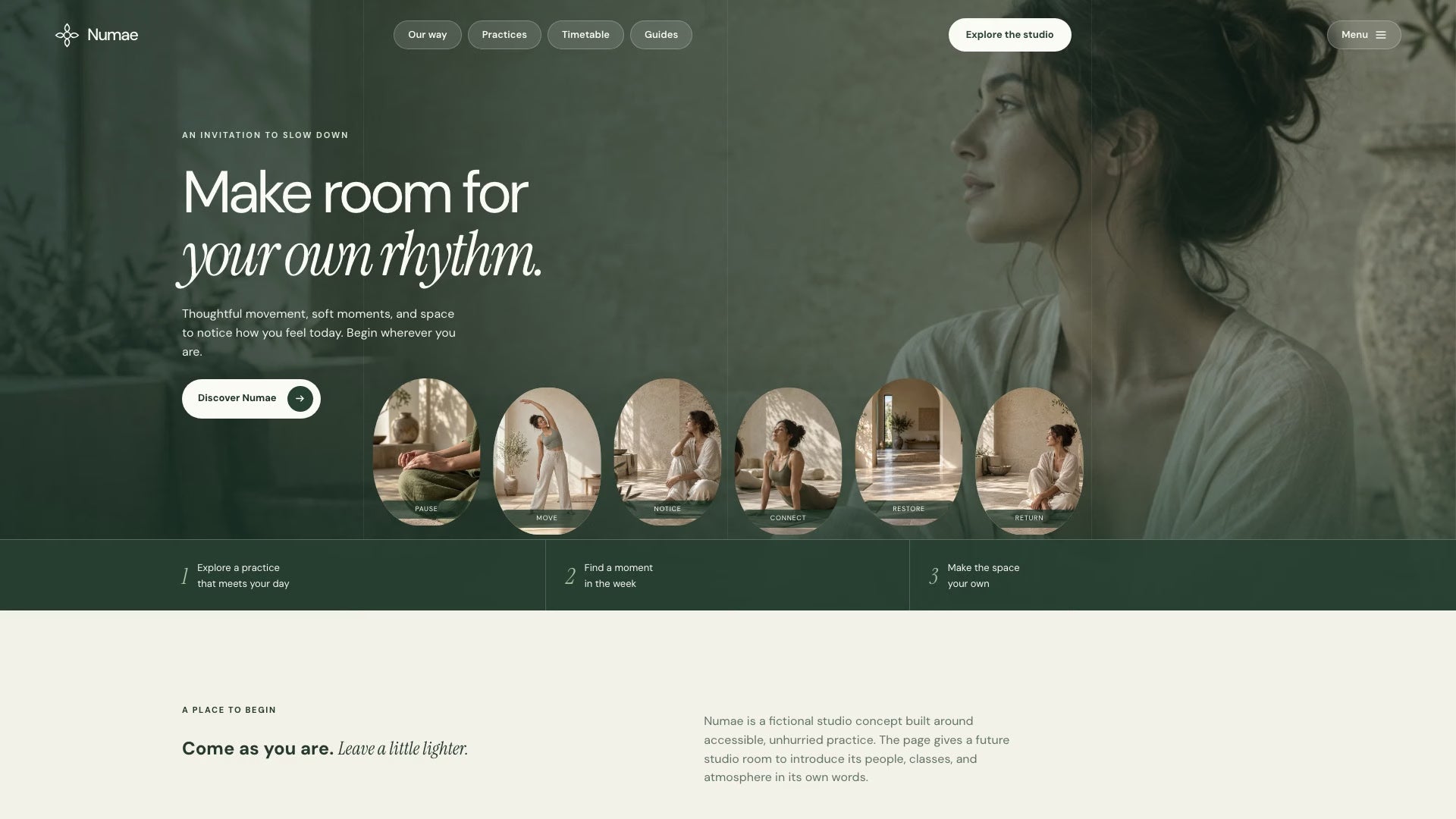 Scroll preview of the Numae Practice one-page wellness studio website template