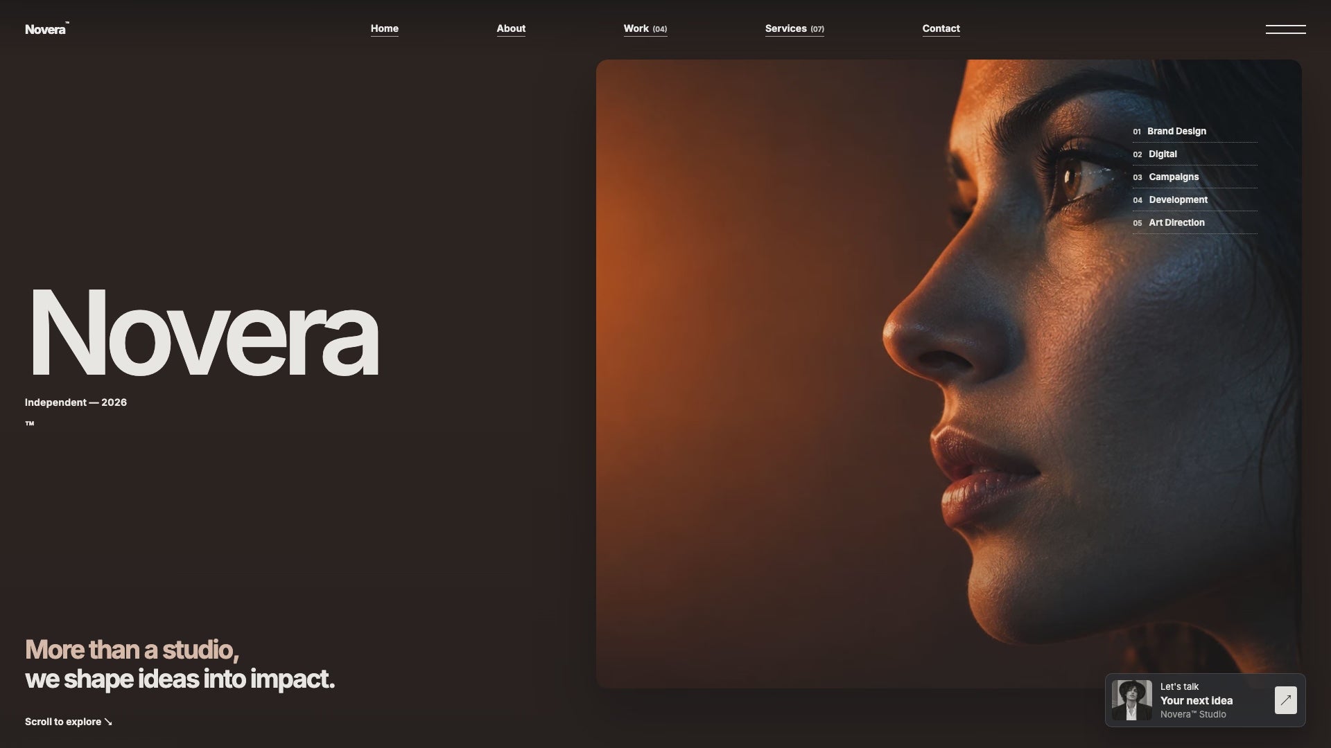 Scroll preview of the Novera one-page creative studio website template