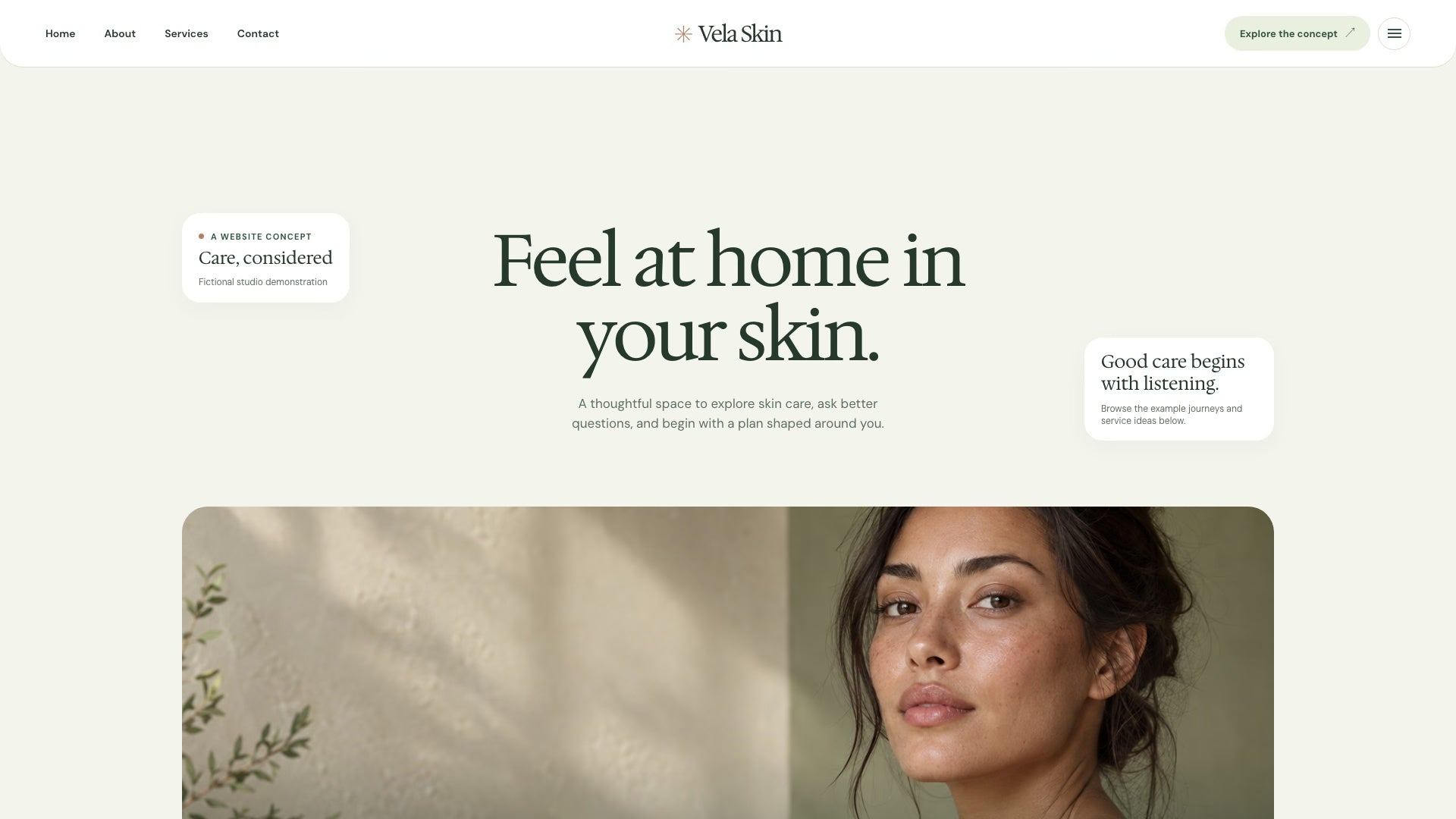 Scroll preview of the Vela Skin one-page skin studio website template