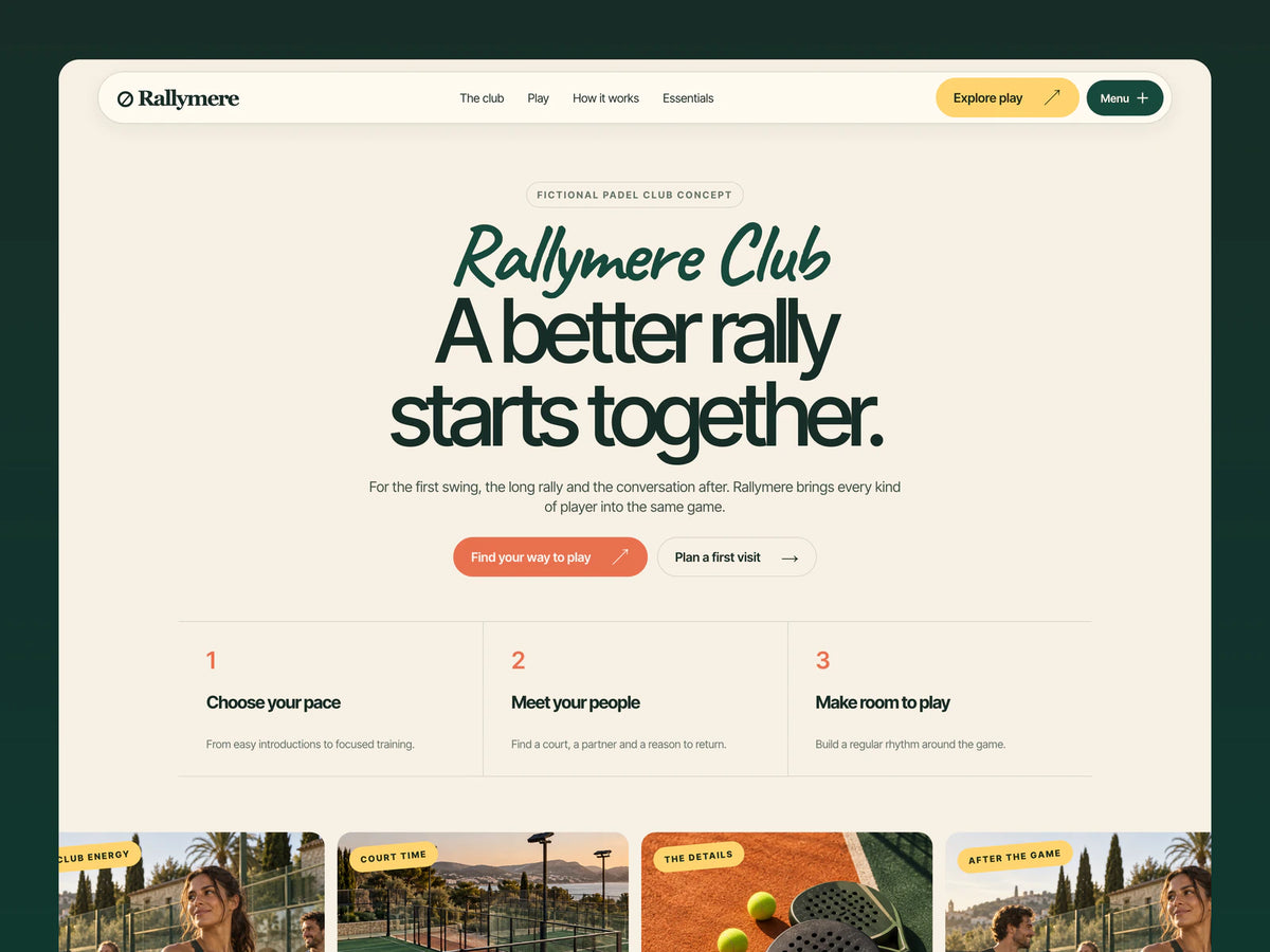 Rallymere padel club website template preview with editorial hero and forest green frame
