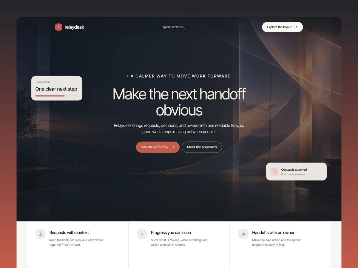 Relaydesk landing page preview with a dark handoff hero, muted coral details and warm cream sections.