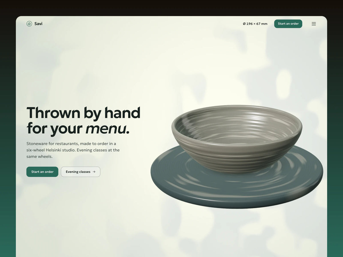 Savi ceramics template hero on pale porcelain green: a wheel-thrown stoneware bowl with throwing lines on a turning wheel head, soft leaf shadows on the wall, the headline Thrown by hand for your menu and a celadon Start an order button