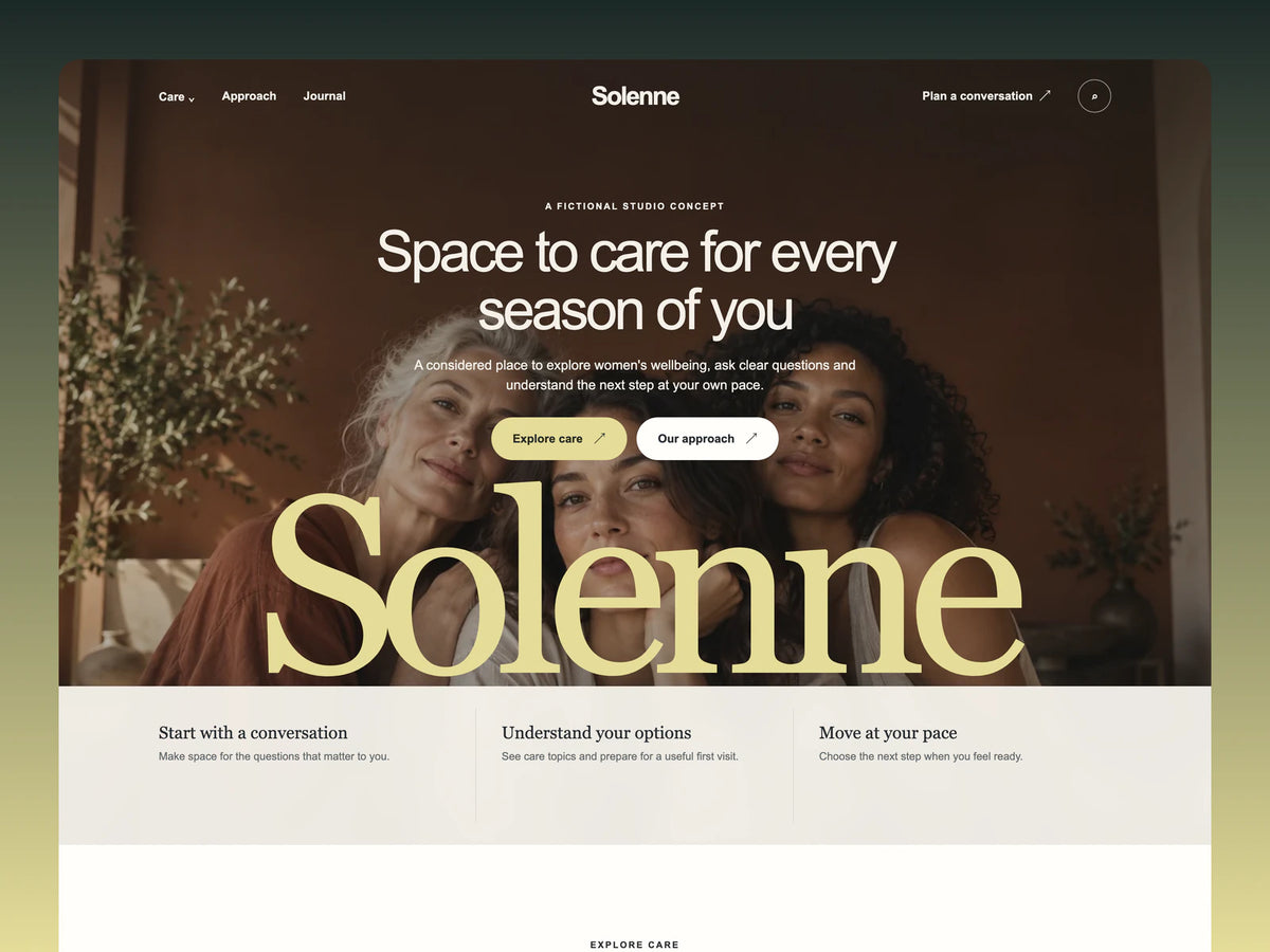 Solenne website template preview with a three-woman photographic hero, pale-yellow wordmark and cream information band