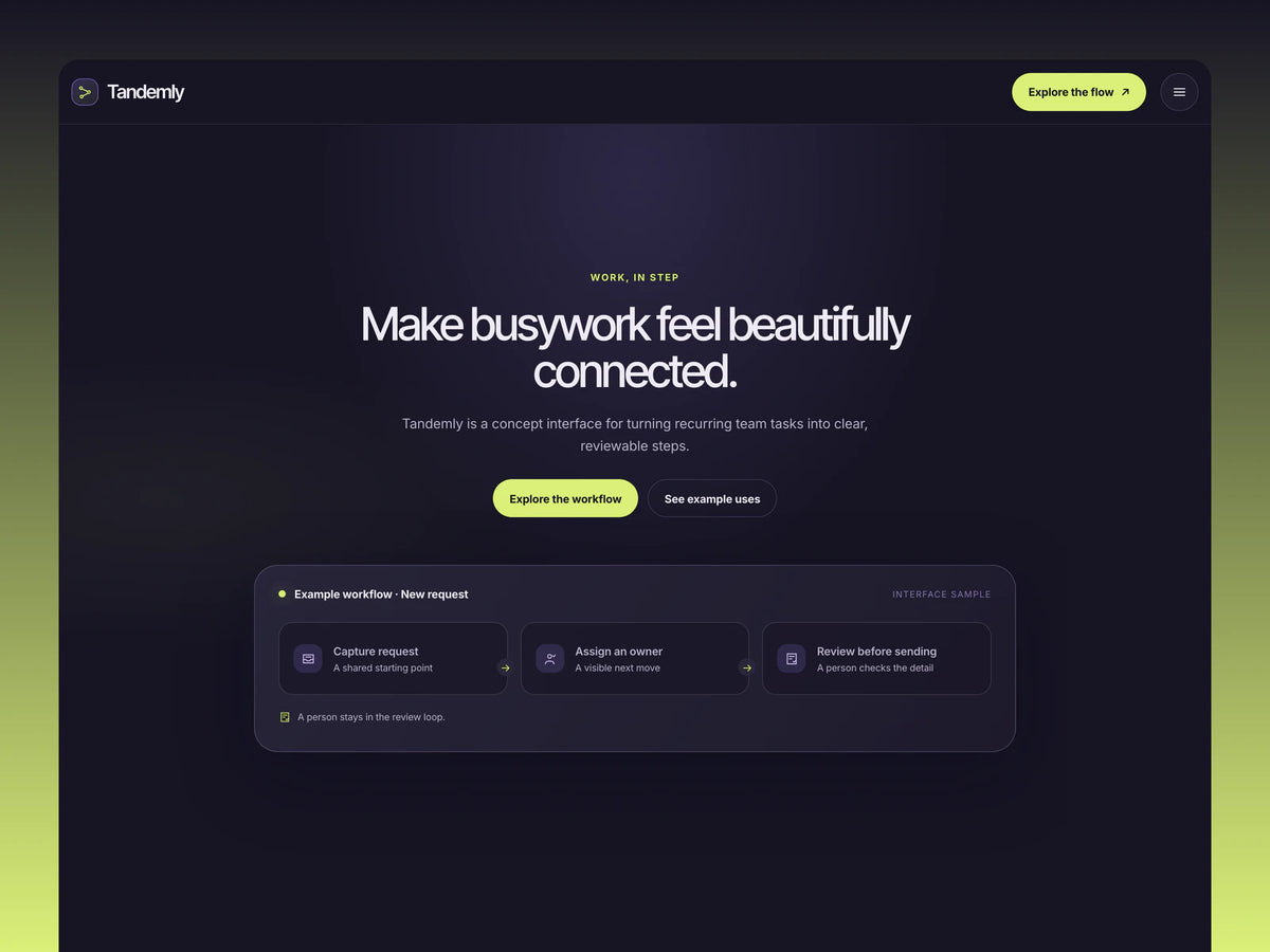 Desktop preview of Tandemly's dark workflow landing page, with citrus navigation buttons and a task sequencing interface.