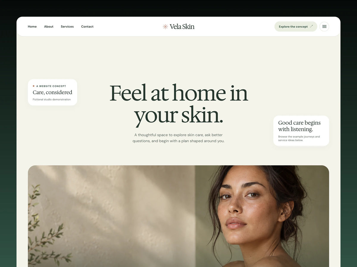 Vela Skin website template preview with portrait hero, cream page and forest-green frame