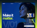 Veyra creative studio homepage preview with a blue-lit portrait, bold white and lime headline, and gallery card