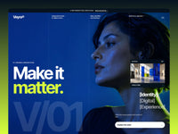 Veyra creative studio homepage preview with a blue-lit portrait, bold white and lime headline, and gallery card