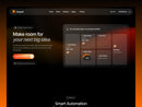 Vorami AI automation landing page with left-aligned headline, orange arrow logo, aligned dashboard cards on the right, and warm gradient frame