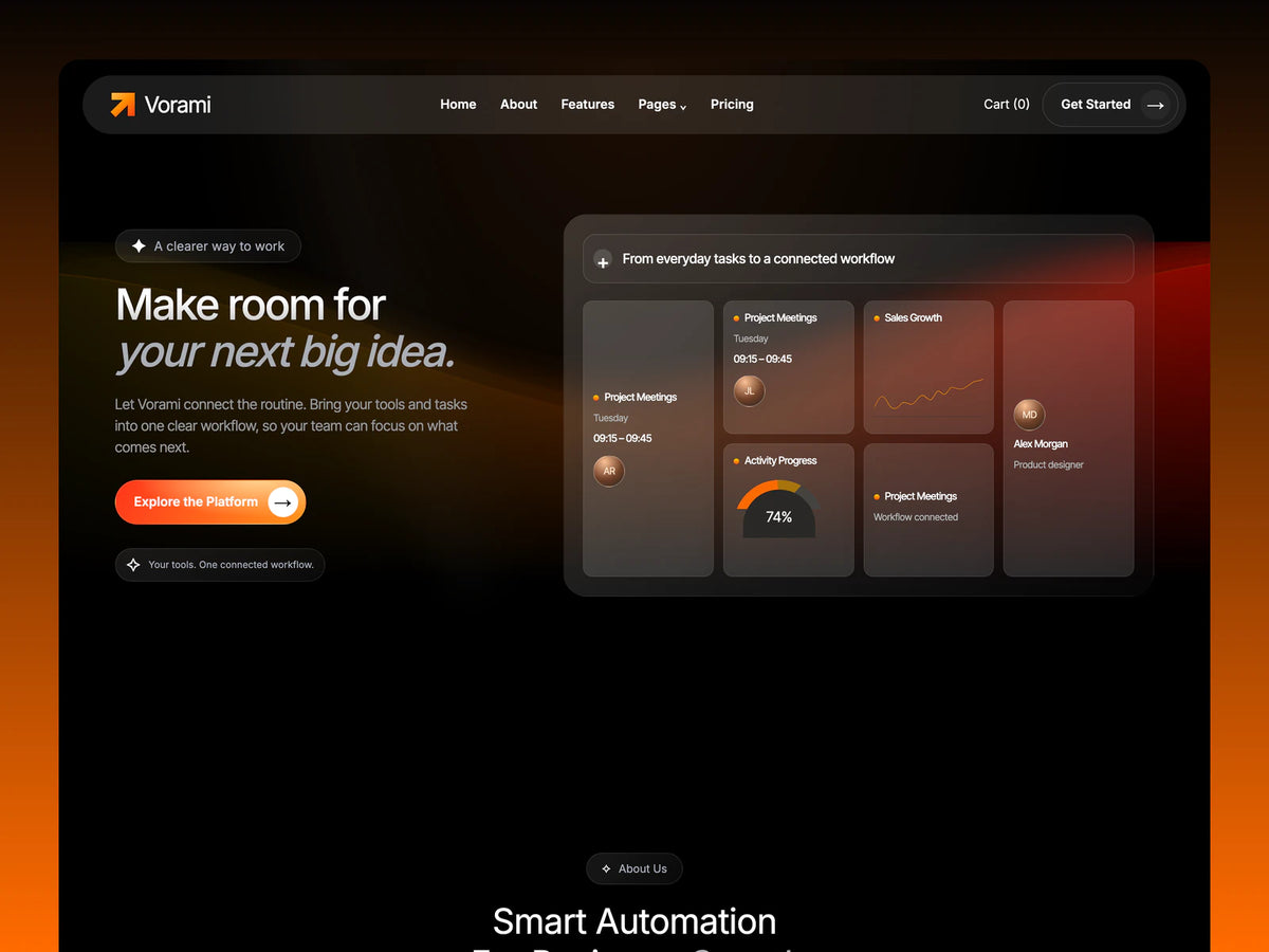 Vorami AI automation landing page with left-aligned headline, orange arrow logo, aligned dashboard cards on the right, and warm gradient frame