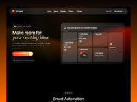 Vorami AI automation landing page with left-aligned headline, orange arrow logo, aligned dashboard cards on the right, and warm gradient frame